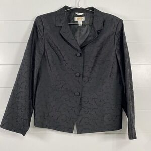 Talbots Petites Blazer Womens 14 Black Pure Silk Jacquard Dressy Jacket Embroide